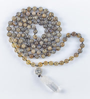 mala beads, mala necklace, labradorite, golden rutilated quartz, pyrite, clear quartz